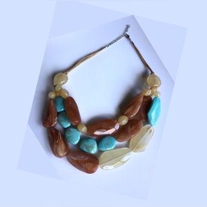 Faux Turquoise & Amber Large Bead Statement Bib Necklace Boho